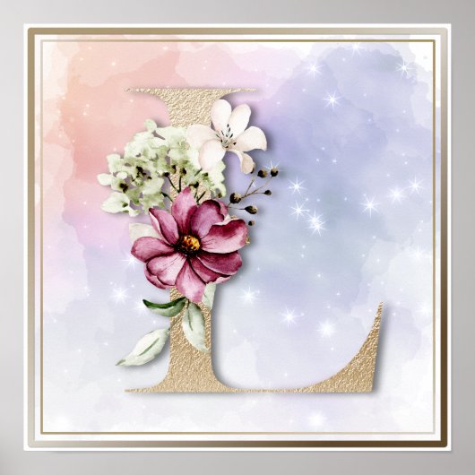 L Monogram Roze Bloemige Poster (Voorkant)