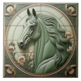 L Sage green faux relief Art Nouveau Horse Head Tegeltje