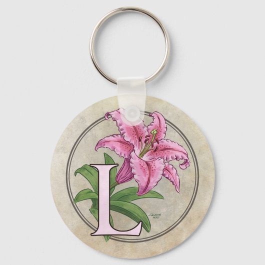 L voor Lily Flower Monogram Sleutelhanger (Voorkant)