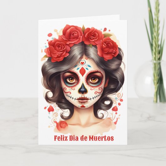 La Calavera Catarina💀 en Flores Rojas 🌹 Feestdagen Kaart (Voorkant)