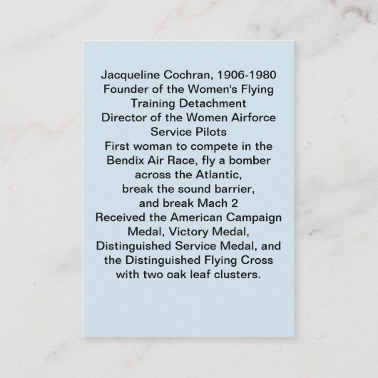 La carte de collection de Jacqueline Cochran de (Dos)