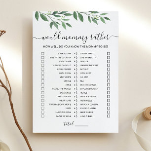 La carte de jeu pour maman plutôt Baby shower