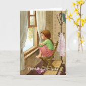 La carte démodée, maison, fille, obtiennent bien, (Fleur jaune)