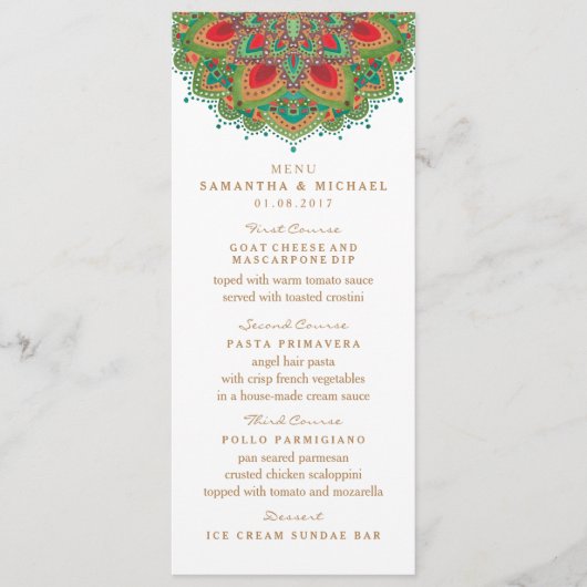 La carte verte de menu de mariage de mandala (Devant)