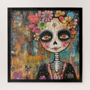 La Catrina-skelet met bloemenkroon Legpuzzel