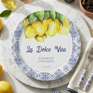 La Dolce Vita Bruiloft Mediterraan Blauwe Tegels Papieren Bordje