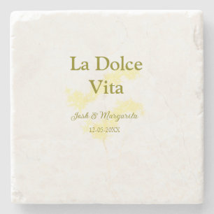 La Dolce Vita geel bruidspaar Naam datum glitter Stenen Onderzetter