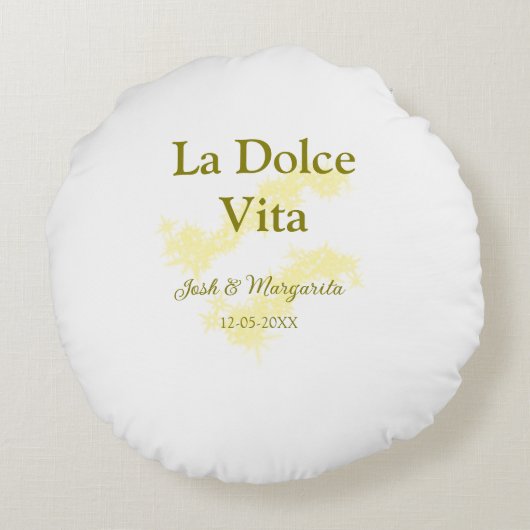 La Dolce Vita gele trouwkoppel Naam datum glit Rond Kussen (Achterkant)