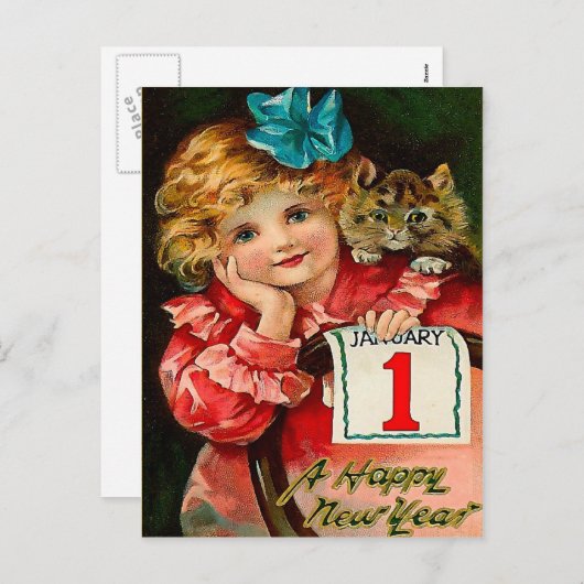 La fille et le chat - carte postale de salutation (Devant / Derrière)