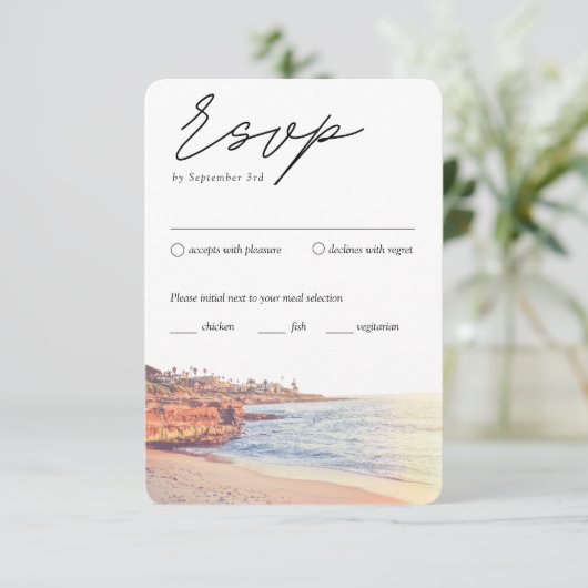 La Jolla Bruiloft Traditionele RSVP Maaltijd Optie Informatiekaartje (Staand voorkant)