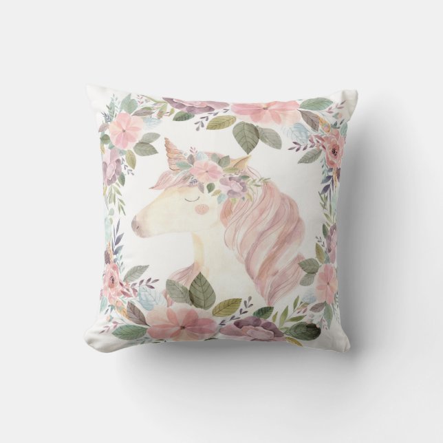 La licorne rougissent fille florale de coussin de (Recto)