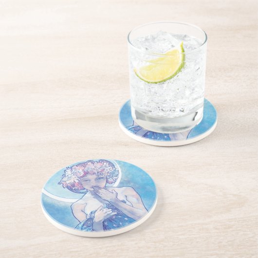 "La Lune" de Mucha, Dessous de verre de grès bleu (Côté)