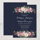 La marine rougissent faire-part de mariage floral (Devant / Derrière)