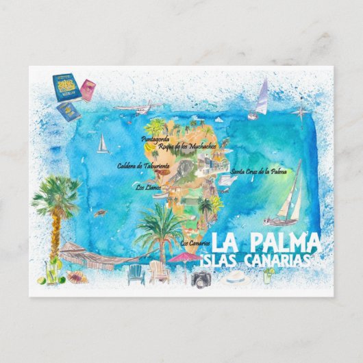 La Palma Carte de Voyage Illustrée avec Routes (Devant)