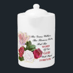 La Parole De Dieu Dernier Pour Toujours<br><div class="desc">Belle théière en porcelaine inspirante chrétienne avec l'image imprimée d'une peinture de beaux roses rouges et blancs. Cette théière a l'Écriture d'Ésaïe 40:8. "L'herbe se dessèche,  les fleurs disparaîtront,  mais la parole de Dieu restera éternelle.</div>