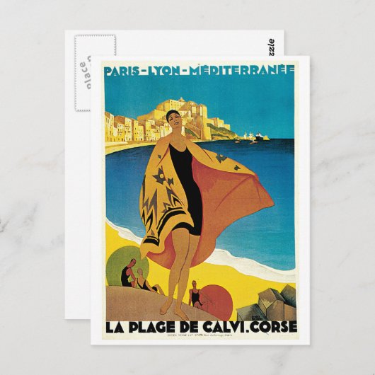 La Plage de Calvi, Frankrijk, poster van het vinta Briefkaart (Voorkant / Achterkant)