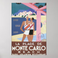 La Plage de Monte Carlo Beach Vintage Travel Poste