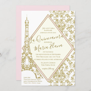 La Quinceanera Blush en Gold Damask Eiffel Tower Kaart