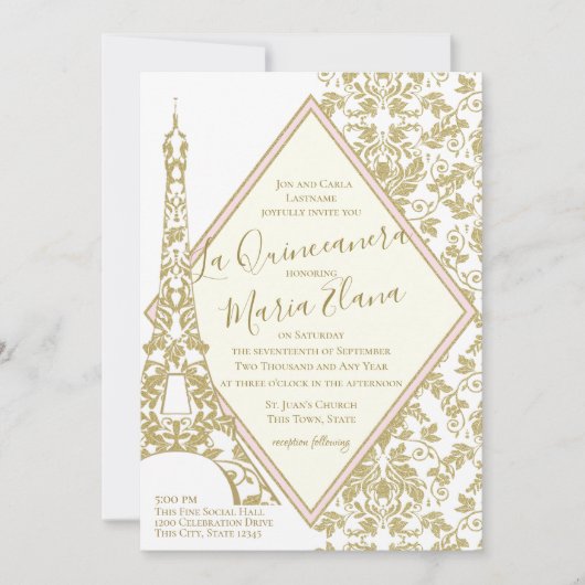 La Quinceanera Blush en Gold Damask Eiffeltoren Kaart (Voorkant)