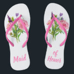 La servante d'honneur Bouquet floral Mariage tongs<br><div class="desc">Jolie serveuse rose et blanche de tongs d'honneur avec des graphiques de bouquets de fleurs aquarelle sur chaque glissière. Maid of Honor fait en texte rose est entièrement personnalisable pour répondre à vos besoins.</div>