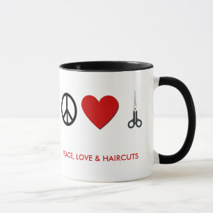 La tasse de café de coiffeur - paix, amour, coupes