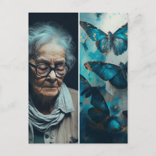 La Vieille Femme Avec Papillons Bleus Carte Postal