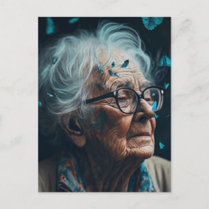 La Vieille Femme Avec Papillons Bleus Carte Postal