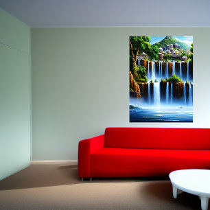 La ville au bord de la cascade AI Art Poster