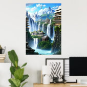 La ville et la grande cascade | AI Art Poster (Bureau à domicile)