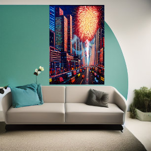 La ville et le feu d'artifice AI Art Poster