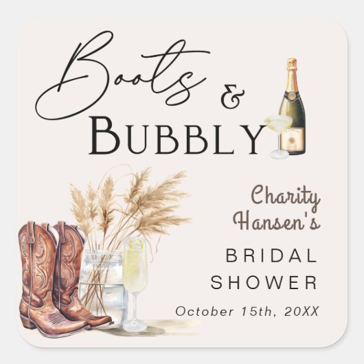 Laarzen en bubbels Boho Pampas Gras Bruidsdiner Vierkante Sticker (Voorkant)