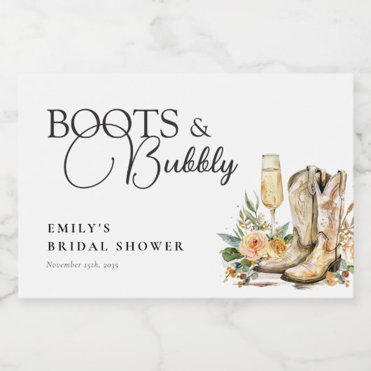 Laarzen en bubbels Westerse Bruidsborrel Sparkling Wijnetiket (Enkel label)