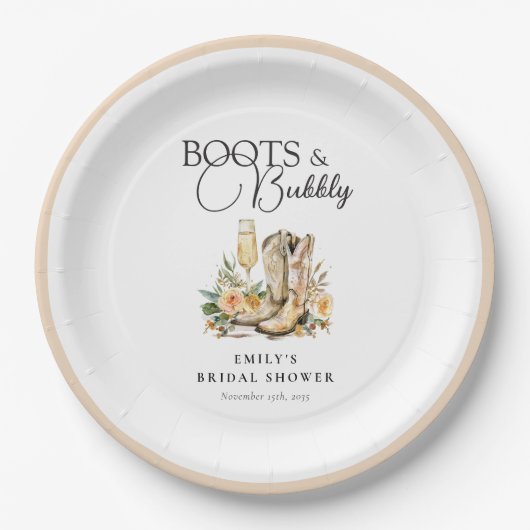 Laarzen en bubbels Westerse Bruiloftsborrel Papieren Bordje (Voorkant)