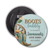 Laarzen en Bubbly Country Cowgirl Aqua verjaardag Button Flesopener (Voorkant)