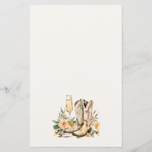 Laarzen en Bubbly Western Vrijgezellenfeest Menu (Achterkant)