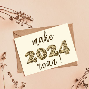 Laat 2024 brullen! Leuke Leopard Print Nieuwjaar Briefkaart