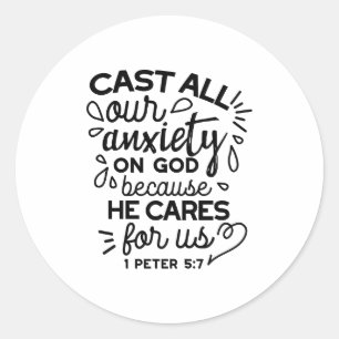 Laat alle zorgen los – 1 Petrus 5:7 Bijbelvers Ronde Sticker