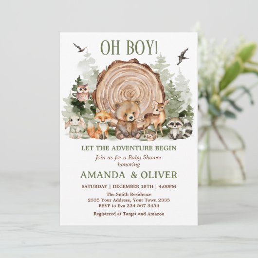 Laat het Avontuur Beginnen Bosjongen Baby Shower Kaart (Staand voorkant)