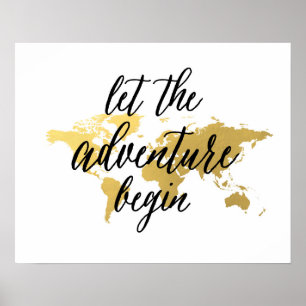 Laat het avontuur citaat beginnen wereldkaart go poster