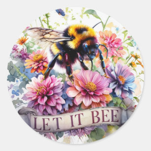 Laat het Bij Zijn – Waterverf Hommeltje Lente Bloe Ronde Sticker