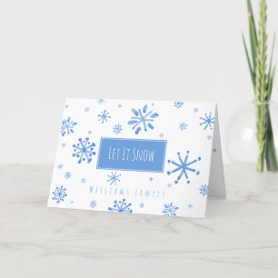 Laat het Sneeuw Quote Blue Snowflakes Familienaam Feestdagen Kaart
