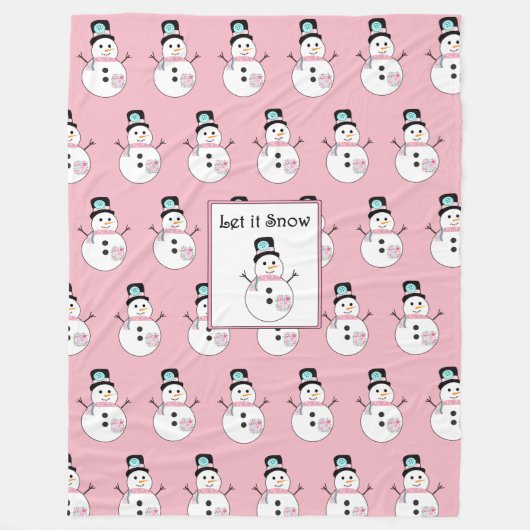 Laat het sneeuw Snowman Roze kerstcadeaubak Fleece Deken (Voorkant)