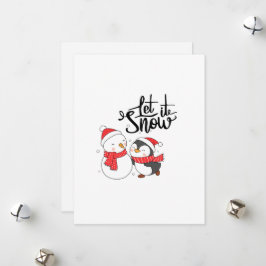 Laat het sneeuwen met een sneeuwman en pinguïn op  feestdagenkaart