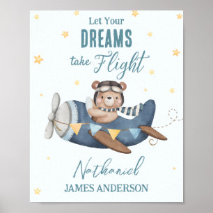 Laat je droom vliegen Cute Beer Blauwe Vliegtuig Poster