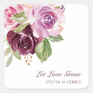 Laat Liefde Groeien Moody Plum Waterverf Bloemige  Vierkante Sticker