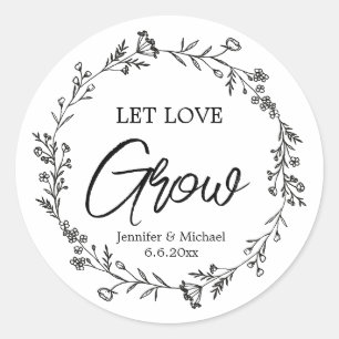 laat liefde groeien zwart&witte botanische bruilof ronde sticker
