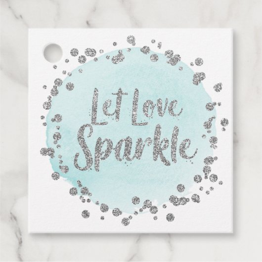 Laat Liefde Sparkle Silver Confetti op Blue Weddin Bedankjes Labels (Voorkant)