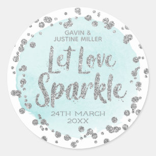 Laat liefde sprankelen blauw met zilveren Confetti Ronde Sticker