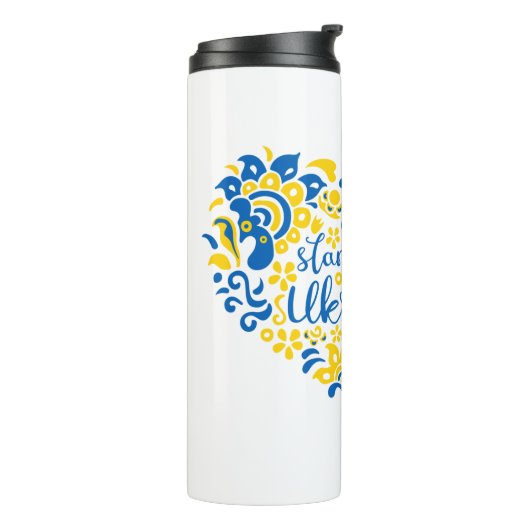 Laat Oekraïne met rust en hart Thermosbeker (Gedraaid links)