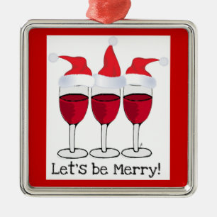 "LAAT ZIJN MERRY" RODE WIJNGLASSEN MET SANTA-HATS METALEN ORNAMENT